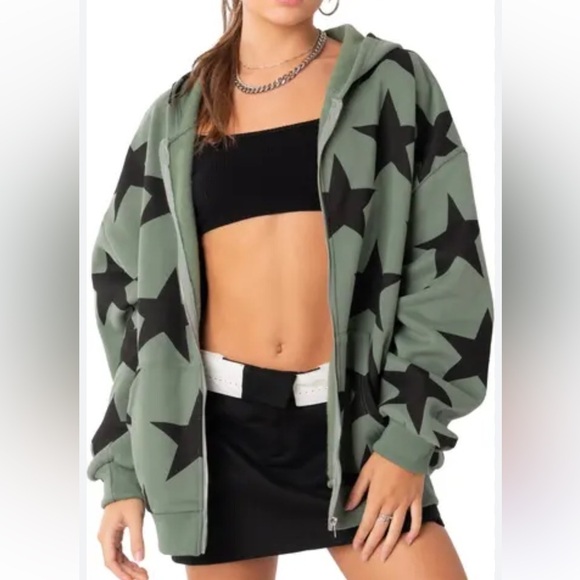 Star at Me Oversize Hoodie EDIKTED women’s size medium / large olive green new - Picture 2 of 8